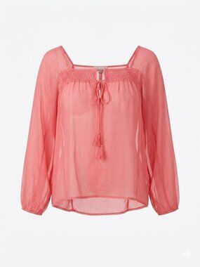 AMERICAN EAGLE Coral Pink Sheer Peasant Blouse XL Crochet Tassel Boho Festival